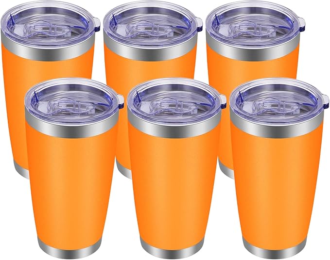 VEGOND 20oz Tumbler with Lid and Straw Stainless Steel Tumbler Cup Bulk Vacuum Insulated Double Wall Travel Coffee Mug Powder Coated Coffee Cup, Orange, 6 Pack
