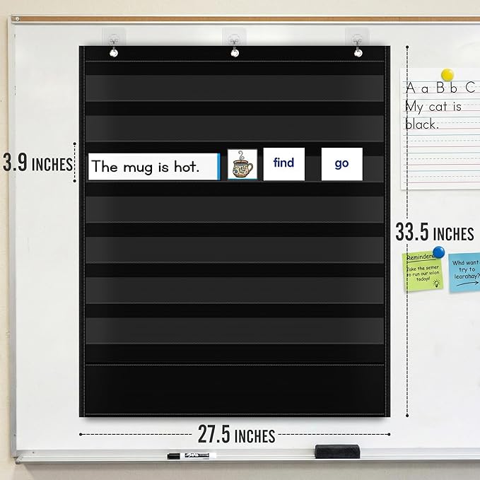 Standard Pocket Chart for Classroom - 7+1 Black Pocket Chart for Alphabet Learning Word Wall Calendar Daily Schedule Sentence Strips Sticker Display, Teacher Supplies for Preschool Kindergarten & Home