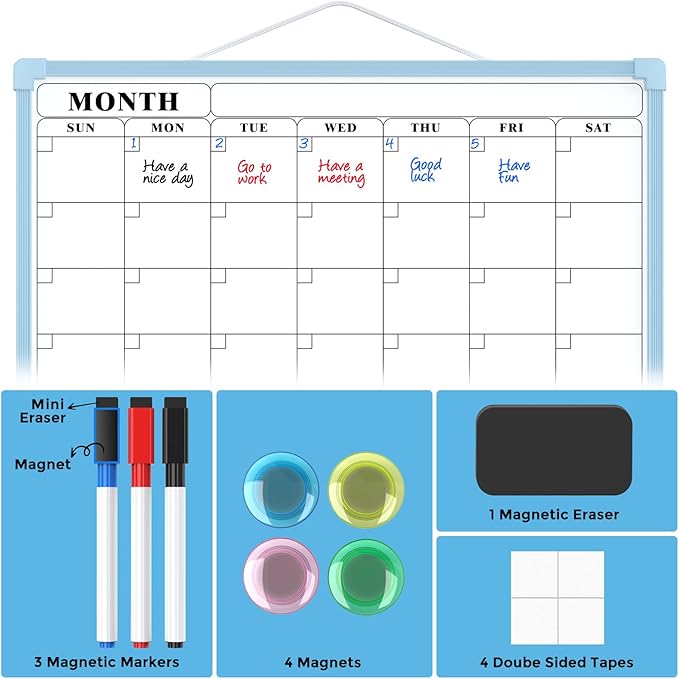 MaxGear Monthly Calendar Dry Erase Board for Wall, 16"x12" Small Hanging Double-Sided White Board, Portable Whiteboard for Planning, Drawing, Memo, to Do List, School, Home, Office, Blue Frame