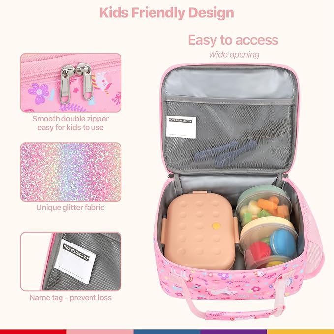 Bagseri Kids Lunch Bag with Ice Pack Included - Insulated Lunch Box for Girls Reusable Meal Tote for School & Travel, Glitter Pink Unicorn