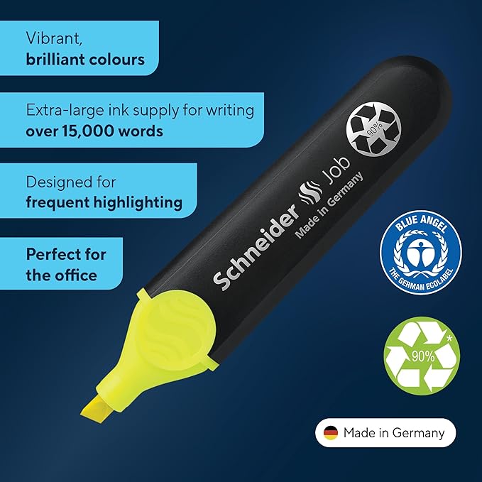 Schneider Job Highlighter, Chisel Tip, 1 + 5 mm, Black Barrel, Yellow Ink, Box of 10 Highlighters (1505)