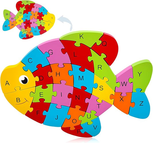 LovesTown Wooden Puzzles for Kids, Double Sided Goldfish Jigsaw with Alphabet & Numbers, Montessori Educational Toy for Toddlers, Chunky Animal Gift