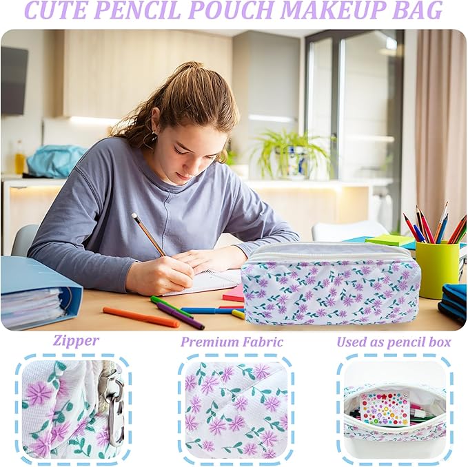 Pencil Pouch Cute Pencil Case Office Storage Bag Holder Box Organizer Aesthetic Bow Flower Pattern Makeup Pouch Cosmetic Bag for Women Girls