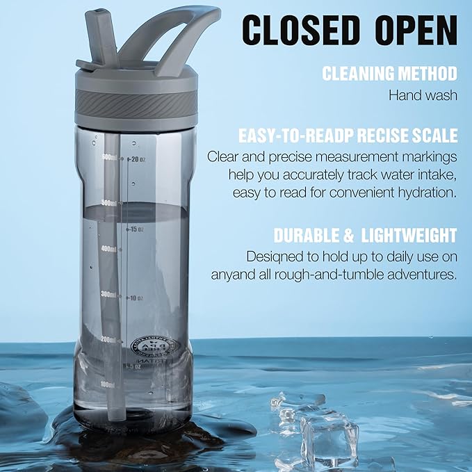 OLDLEY 20oz Kids Water Bottle with Straw, BPA-Free Tritan Water Bottle for School, Leakproof Clear Water Bottle with One Click Open, Measurement Scale, Cup Holder Friendly for Boys Girls,Grey