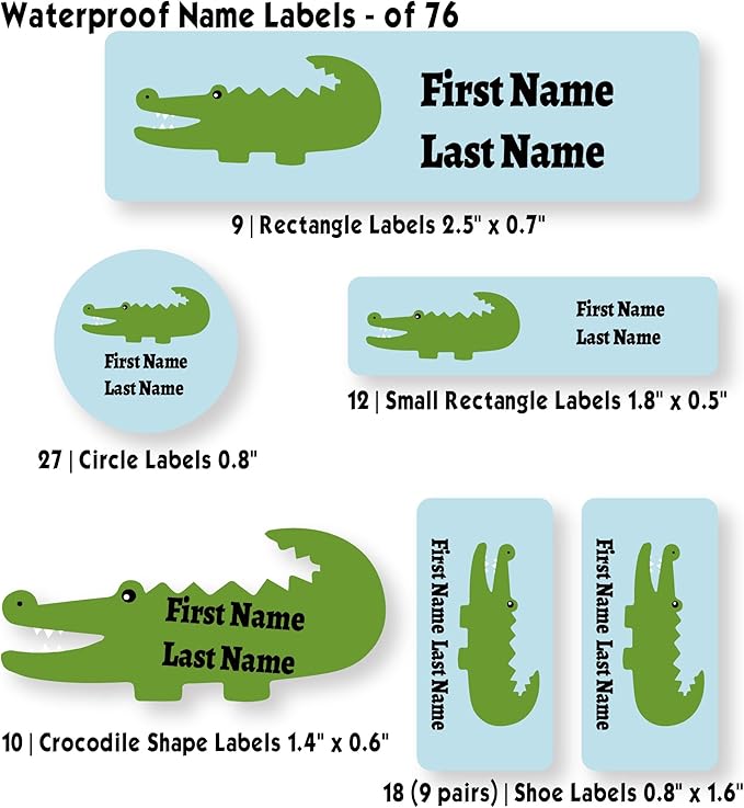 Personalized Kids Name Labels – Waterproof Custom Stickers for Daycare & School, Dishwasher & Laundry Safe (Crocodile - Light Blue)