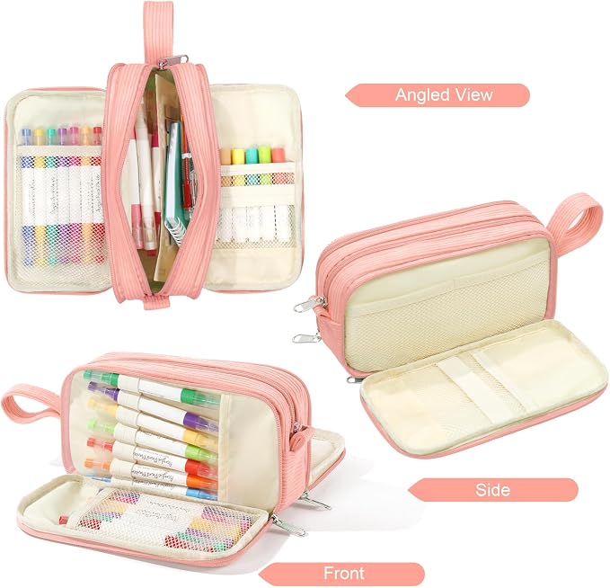 BuyCard Pink Corduroy Pencil Case, Large Capacity, Casual Style, Zipper Pouch Organizer for Teen Girls, Cute Stationery Storage and Organizer, Supplies for Teen and Adult Girls