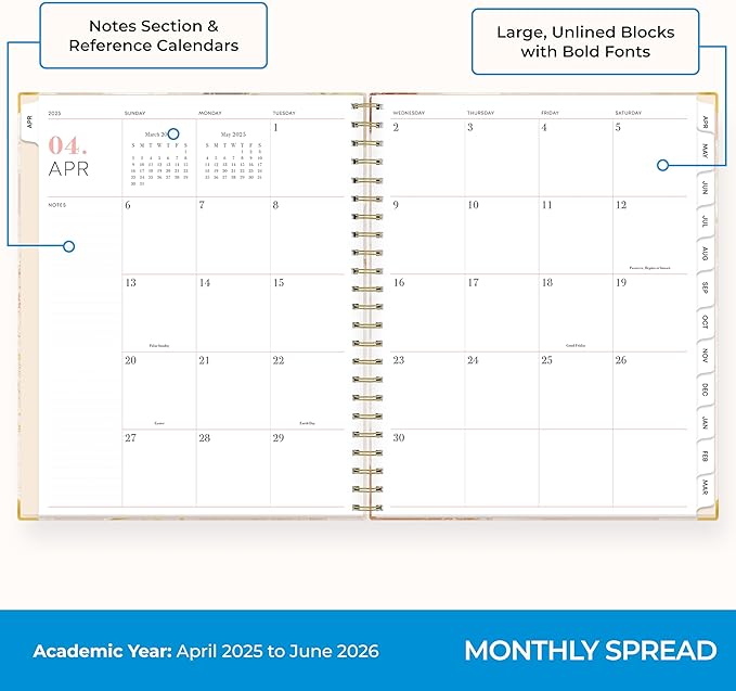 Blue Sky 15 Month Weekly and Monthly Academic Year Planner Calendar, April - June, Hard Cover, Wirebound, Laminated Tabs, Storage Pocket, Includes Snap-in Ruler w/Sticky Notes & Sticker Sheet, Henri (Henri- 2025/2026, 8.5" x 11")