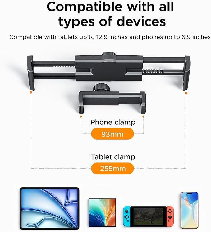 ORICO Tablet Mount, 360° Adjustable Tablet Stand Holder for iPad, Foldable Aluminum Arms, Ergonomic Viewing for Standing Desk & Nightstand, Fits 4.7"-12.9" Tablets & Phones- RA1, Gray