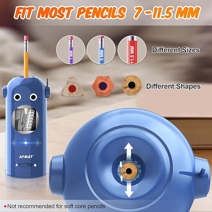 AFMAT Electric Pencil Sharpener for Colored Pencils 7-11.5mm, Fully Automatic Robot Pencil Sharpener, Auto in & Out, Rechargeable Hands-Free for Classroom/Home/Office, Battery Operated, PSX5RB, Blue