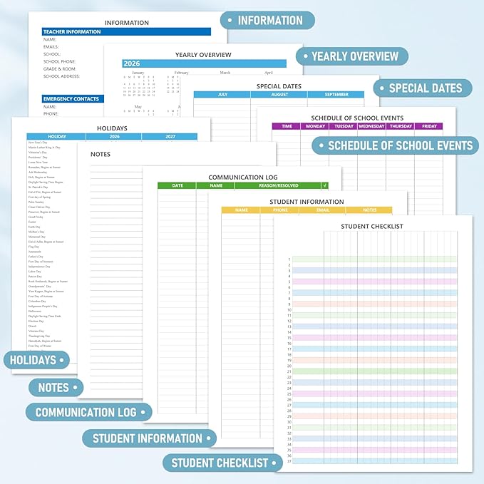 Teacher Planner 2026-2027, Jul 2026-Jun 2027 Academic Year, 8.5" x 11" Lesson Planner Book for Teacher Calendar, Spiral Bound Planners, Colorful Monthly Tabs, Planning Stickers, BlueCheckered