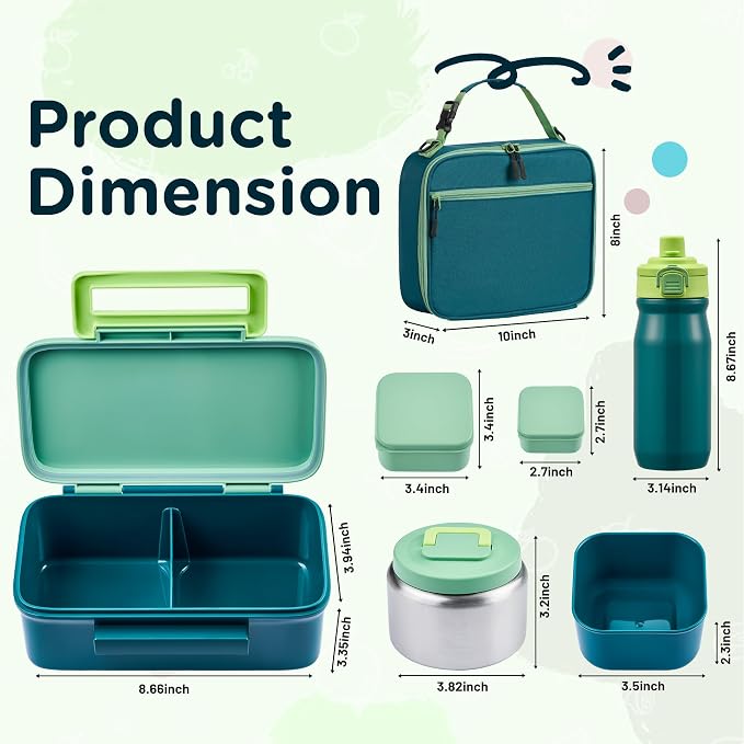 MAISON HUIS Bento Box for Kids with 8oz Soup Thermo, Insulated Lunch Bag & 17oz Water Bottle, 2-Compartment Bento Box with Built-In Ice Pack, Leak-Proof & BPA-Free (Green)