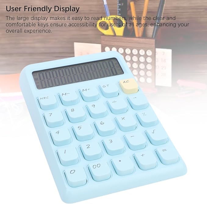 Aramox Basic, Smart, Portable Calculator with Large Display for School and Office Use, Powered by Solar Energy, Compact Design, Mechanical Keys (Blue)
