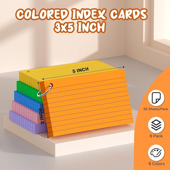 Colored Index Cards with Ring, 300 Count Punched NoteCards 3x5 Lined, 6 Colors Flash Cards with Rings, Bright Colors Index Cards 3x5, Lined Note Cards 3 x 5 for Office, College, and School Supplies