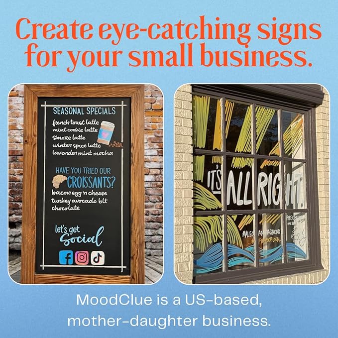 MoodClue Liquid chalk markers 12 neon erasable Whiteboards, glass boards, chalkboards, windows, mirrors, car windshields, auto, glass. Odorless, non-toxic. Wet or dry erase. Thick and thin tip
