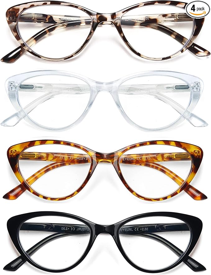 EYEURL 4-Pack Cat Eye Reading Glasses for Women- Blue Light Blocking Readers with Spring Hinges,Anti-Glare Reading Glasses.0.0
