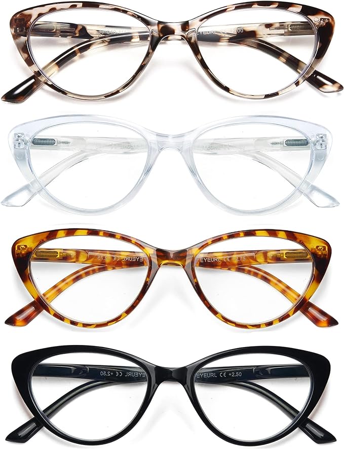 EYEURL 4-Pack Cat Eye Reading Glasses for Women- Blue Light Blocking Readers with Spring Hinges,Anti-Glare Reading Glasses,3.25