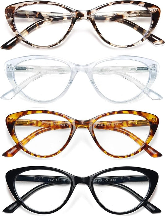 EYEURL 4-Pack Cat Eye Reading Glasses for Women- Blue Light Blocking Readers with Spring Hinges,Anti-Glare Reading Glasses,3.25