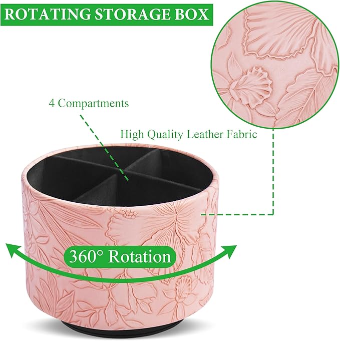 Round Leather Art Supply Organizer,Remote Control Holder,360 Degree Spinning,Multi-Functional Pencil Holder,4 Compartments Desktop Stationary Organizer(1-Carved Pink)