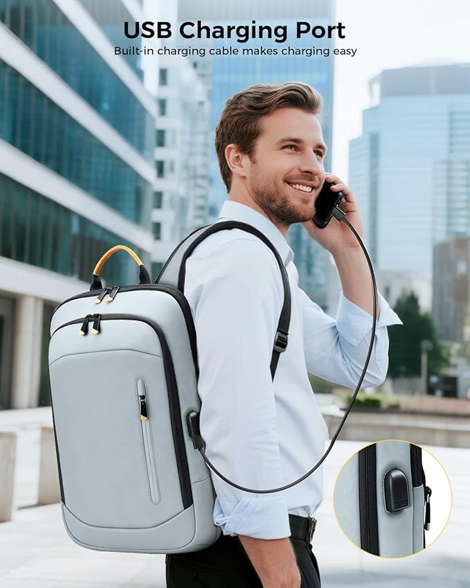 Slim Laptop Backpack for Men, 17.3 Inch Expandable Business Travel Backpack with USB Charging Port, 1.76Lbs Lightweight Work Computer Bag, 600D Waterproof Durable Backpack, Grey