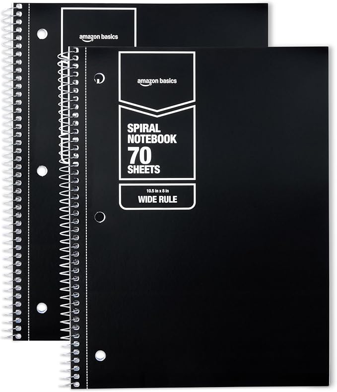 Amazon Basics Wide-Ruled Spiral Notebooks, 8" x 10-1/2", 70 Sheets, Black, 2-Pack