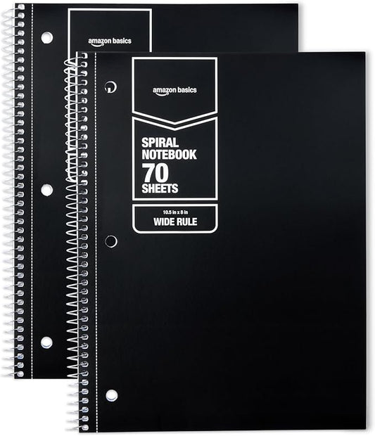 Amazon Basics Wide-Ruled Spiral Notebooks, 8" x 10-1/2", 70 Sheets, Black, 2-Pack