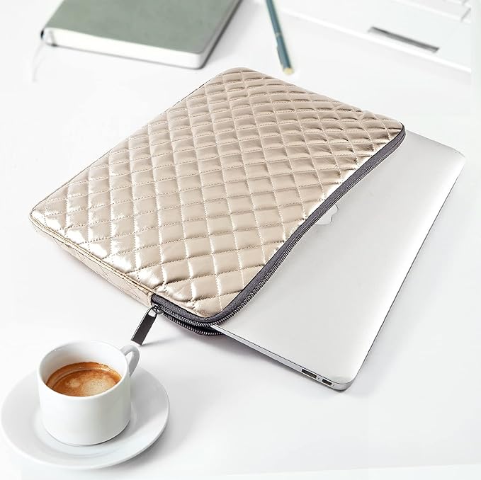 Puffy Laptop Sleeve 11 12 13 13.3 14 15 15.6 inch Case Protective Bag Quilted PU Leather Smooth Zipper Velvet Lined Padded Holder with Pocket