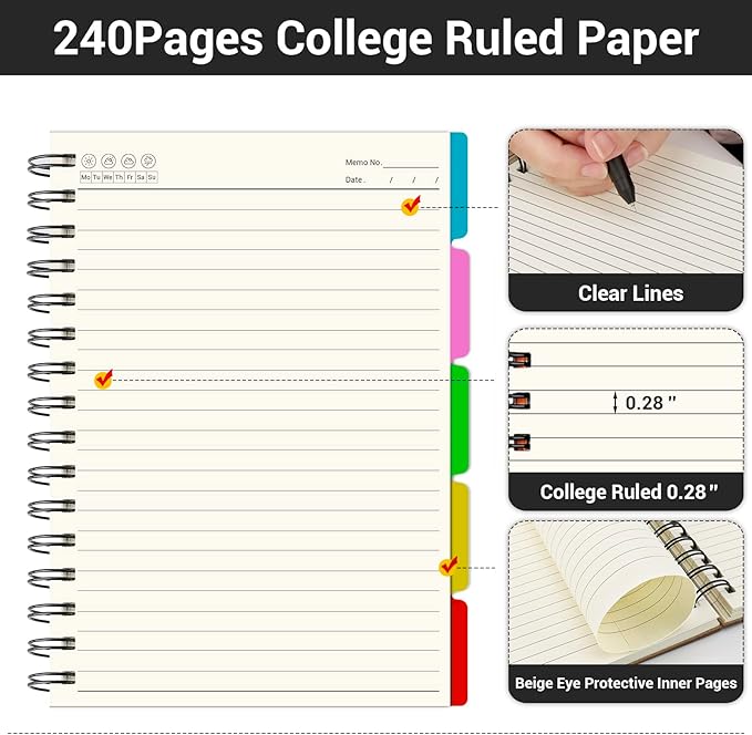 EUSOAR Notebook 5 Subject with Tabs, 1pcs A5 5.5"x8.3" Spiral College Ruled Writing Pad, 100GSM 120Sheets/ 240Pages of Lined Paper, Thick Hardcover, for Traveling Students, Office and Business, Kraft