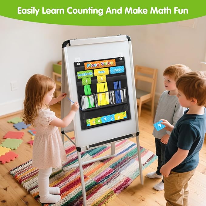 Counting Caddie and Place Value Pocket Chart for Kindergarten Preschool Homeschooling Classroom,210 Straws & 30 Number Cards & Header Cards Included (Black)