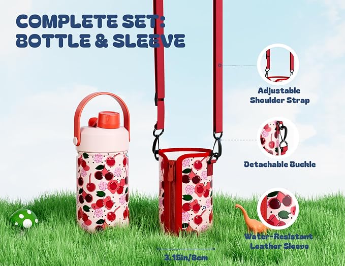 12 oz Kids Insulated Water Bottle for School: 2-in-1 Straw Spout Lid, Leakproof, Keep Cold 24H, Stainless Steel Cup with Leather Sleeve for Travel, Camping, Gift for Girl Daughter (Twinkleberry Patch)