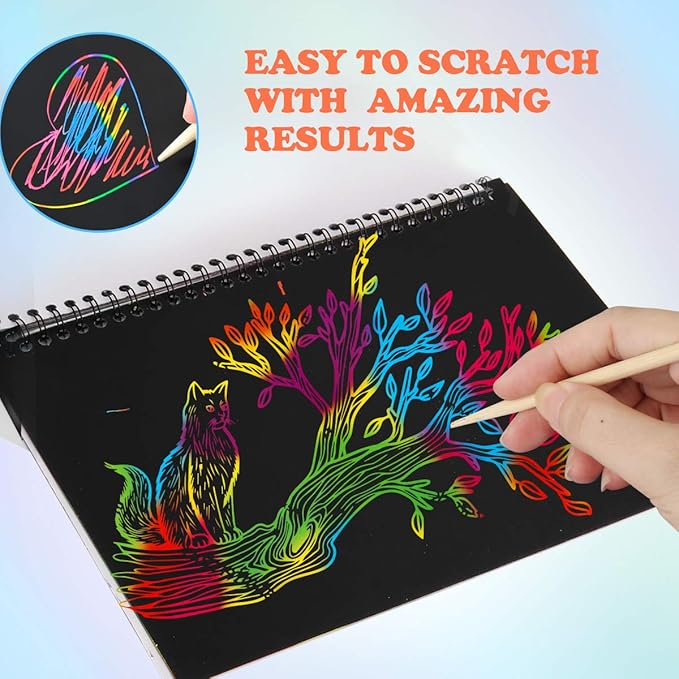 Mocoosy 3 Pack Rainbow Scratch Art Paper Notebooks, Spiral Bound Magic Scratch Pads for Kids Arts Crafts Supplies, Black Sketch Note Coloring Activity Book Travel Games Gifts for Girls Boys