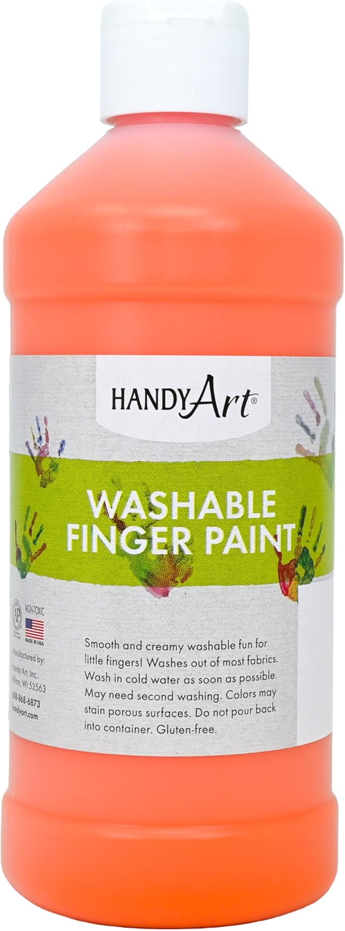Handy Art Washable Finger Paint, Fluorescent Orange, 16 oz Bottle, Easy Clean Up, Sensory Paints for Fingers & Hand Prints, Ages 3 & Up, Safe for Kids & Toddlers, AP Certified Non-Toxic, Made in USA