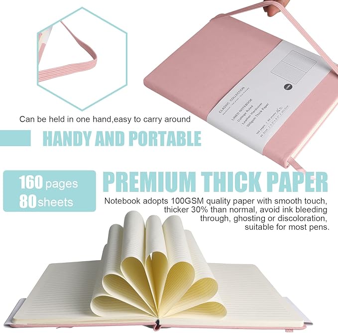 Lined Journal Notebook – Hardcover Notebook for Men & Women – Journals for Writing, Work, School, Home & Daily Notes, 160 Pages – Medium A5, 5.7"x8", 100 gsm Thick Paper (Pink)