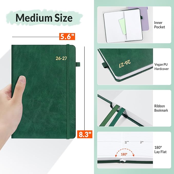 SUNEE 2026-2027 Weekly & Monthly Hardcover Planner 5.5" x 8.3" - 12 Month (July 2026 - June 2027), Small Academic Year Calendar Planner, Pocket, Notes, 100 GSM Paper, Deep Green