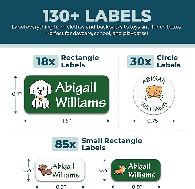 Bunny Badges Personalized Daycare Name Labels for Kids (130 Labels) - Custom Waterproof Name Stickers for Clothing Tags, Water Bottles, Lunch Boxes and School Supplies (Dogs)