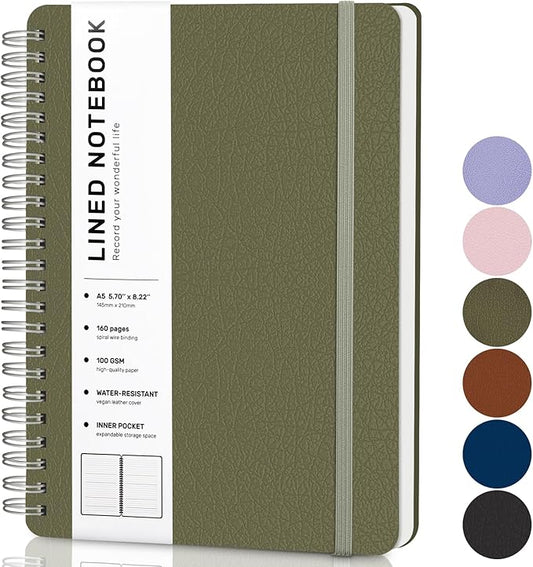 ABERLLS Lined Spiral Journal Notebook with 160 Pages, 8×5.7in, A5 Spiral Notebook, Journaling Notebooks for Work, School, Women, Men, College Ruled Spiral Notebook, Hardcover Leather Journals, Green