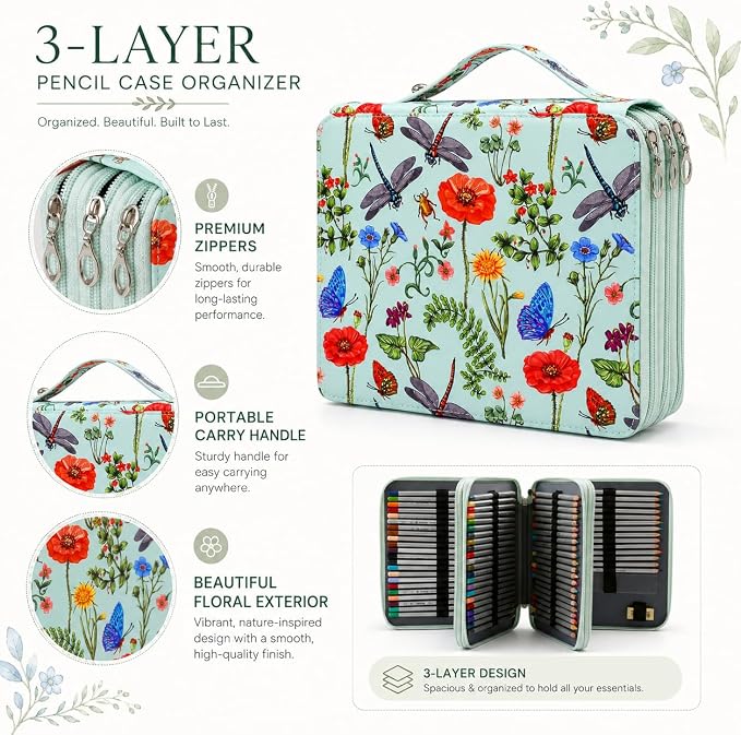 120 Slots Colored Pencil Case Organizer, 3 Layer Bag | Twill Oxford fabric,127 elastic loops,detachable handle,for travel, home storage,drawing tools,creative gifts