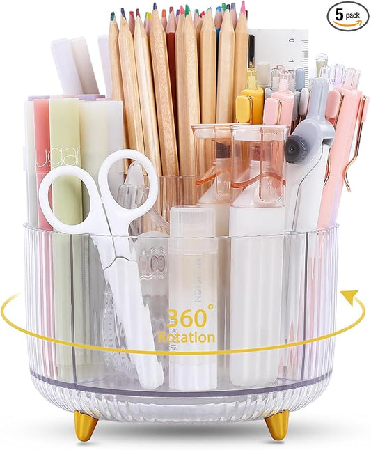 SKYDUE Rotating Pencil Pen Holder, Pen Organizer with 5 Slots - Aesthetic Desk Organizer and Accessories for School, Home, Office Supplies