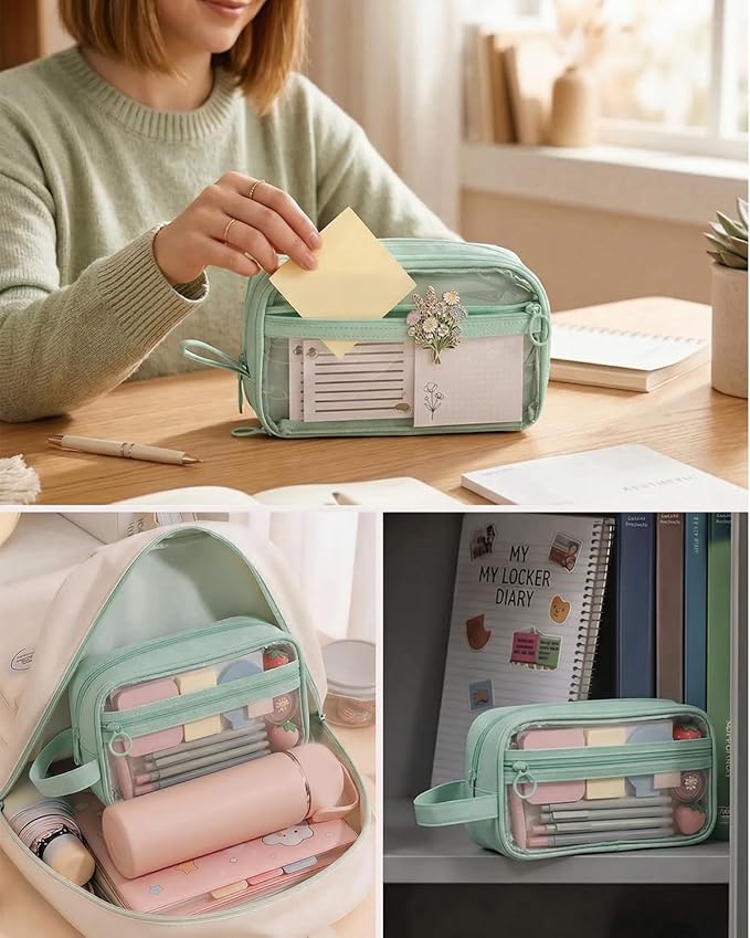 41Pcs Aesthetic Pink Office Supplies Set, All-in-One 5 Compartments Desk Organizer Kit with Large Capacity Pen Pouch, A5 Notebook for Women & Journaling (green)