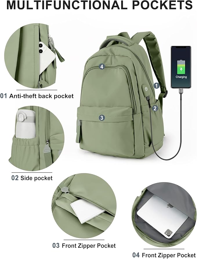 winspansy Small Backpack For School Girls Boys Aesthetic Lightweight Travel Daypack Simple Cute Backpack For Women Men College High School Bookbag Bag Fit 14 Inch Laptop With USB charging port, Green