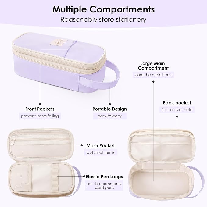 SKYDUE Purple Pencil Case for Girls - Aesthetic Pencil Bag with Multi-Compartment, Large Capacity Zippered Pencil Pouch for School Supply