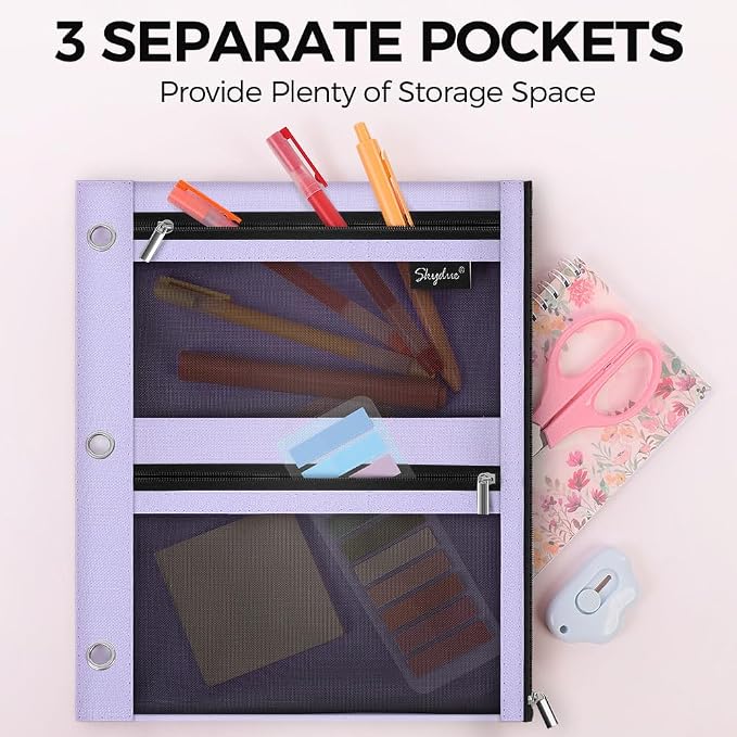 SKYDUE Pencil Pouch for 3 Ring Binder, 3 Pockets and Mesh Window | Zipper Pencil Pouch Pencil Bag with 3 Reinforced Grommets, Durable Organizer for School Supplies, Cables, Earbuds, Makeup