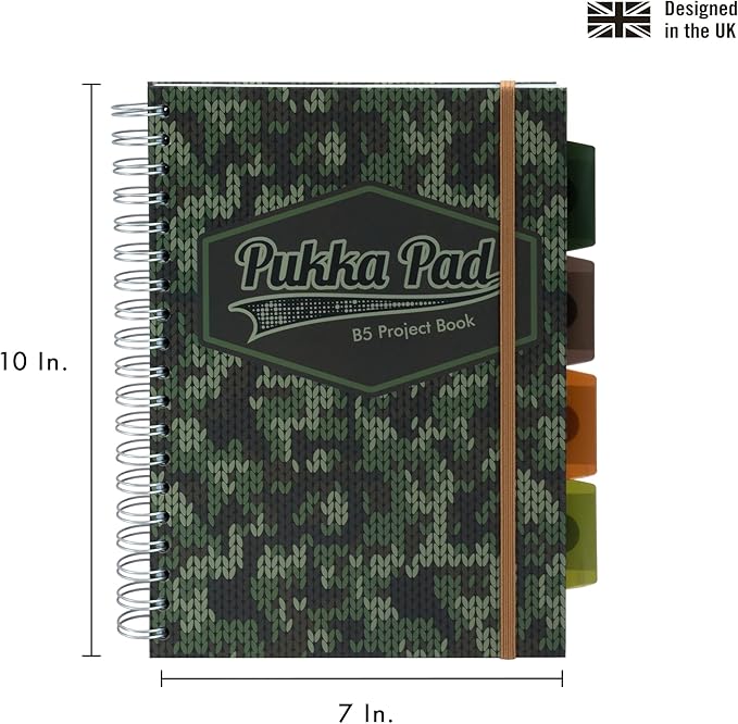 Pukka Pad 5 Subject Spiral Notebook 12-Pack - 200 Pages, 100 Sheets of 80GSM Paper with Repositionable Dividers & Perforated Edges for School & Office Planning & Organization - B5-7 X 10, Camo