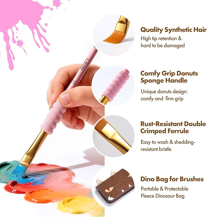 Artify Paint Brushes for Kids, 15-Sizes Paint Brush Set for Kid's Art and Crafts, Cute Dino Bag | Ergonomic Donuts Handle | Kids Paint Brushes for Acrylic, Oil, Watercolor, Gouache, Paint by Numbers