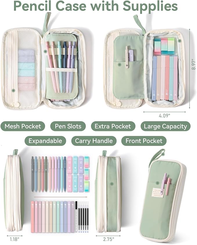 Four Candies 39 PCS Aesthetic School Supplies with Cute Pen Case, 12 Pastel Highlighters, 5 Black Ink Gel Pens, 6 Mechanical Pencils Set for Students Stationary College Essentials (Green)