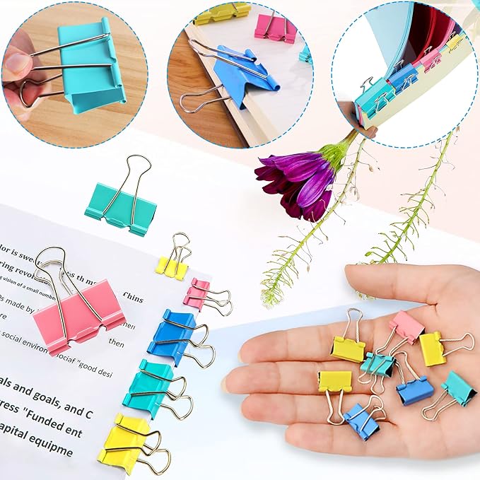 Paper Clips Binder Clips, Colored Office Clips Set - Back to School Supplies- Assorted Sizes Paperclips Paper Clamps Rubber Bands for Office and School Supplies, Document Organizing
