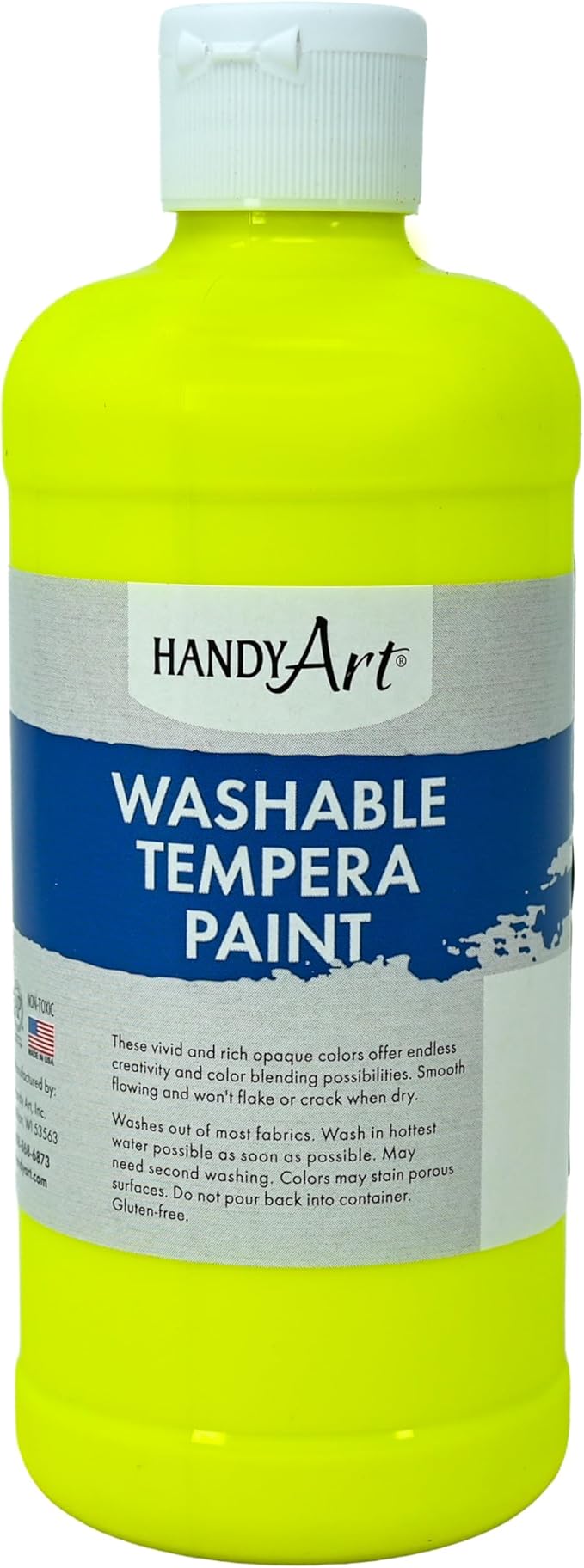 Handy Art Washable Tempera Paint, Fluorescent Yellow, 16 oz Bottle, Bright & Mixable, High Opacity, Glows UV Neon with Blacklight, Students, Kids, Young Artists, Safe & Non-Toxic, Made in USA