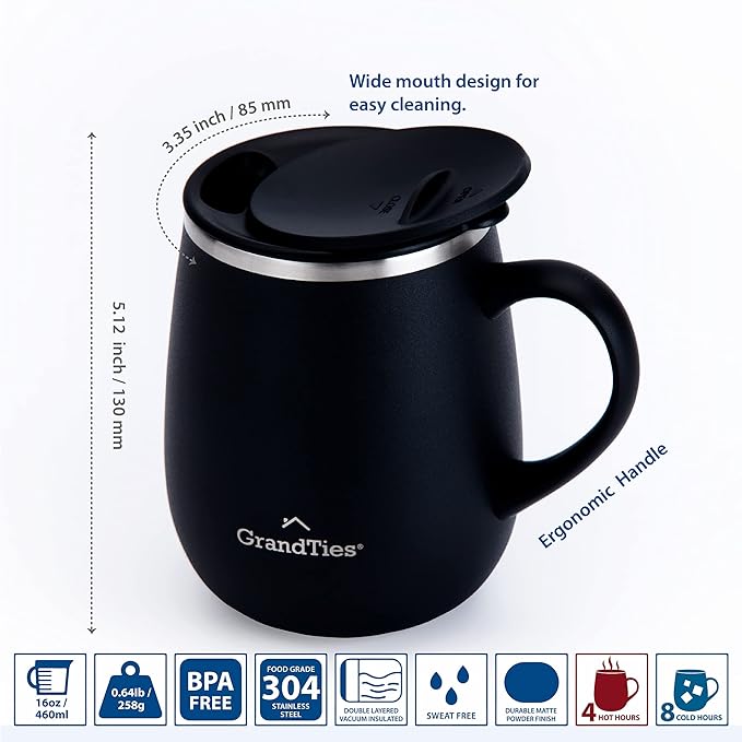 GRANDTIES Insulated Coffee Mug with Handle - Sliding Lid for Splash-Proof 16oz Wine-Glass Shape Thermal Tumbler with Double Walled Vacuum Stainless Steel to Keeps Beverages Hot or Cold-Black