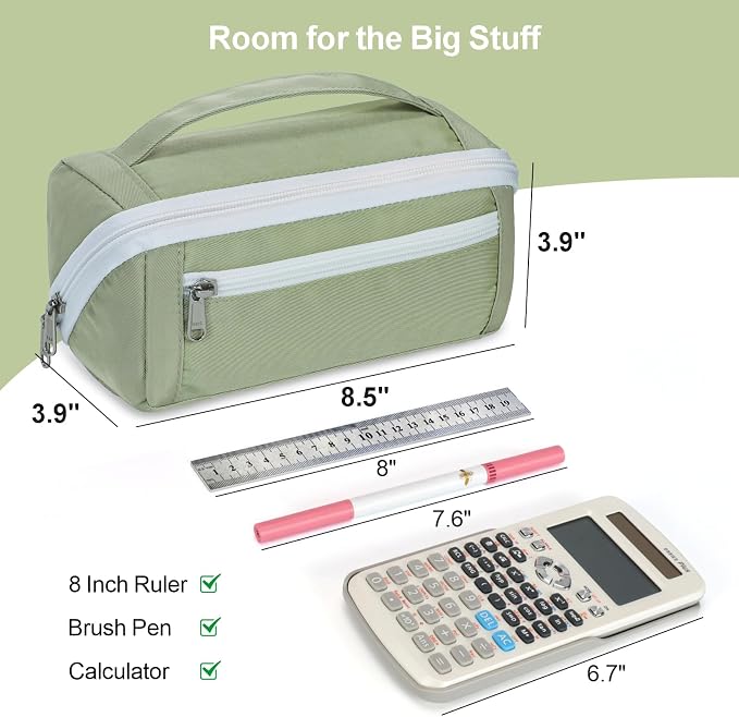 Large Pencil Pouch - 8 Compartments, Wide Handle Organizer Bag | Wide Open Pen Bag, Flexible Dividers & Side Pockets, Handle, 900D Fabric, College Supplies for Teens, Green