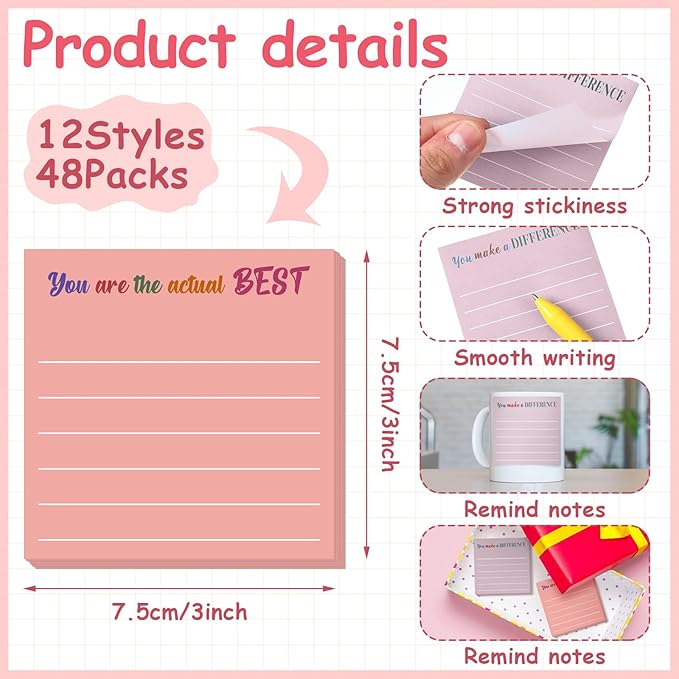 Yinder 48 Pcs Inspirational Sticky Notes Cute Motivational Sticky Notes Pad End of Year Employee Appreciation Gifts Bulk for Teacher Nurse Coworkers Office Supplies 3 x 3'' (Appreciation,Aesthetics)