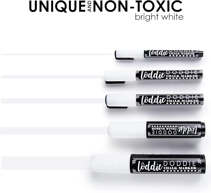 Loddie Doddie Liquid Chalk Markers - Pack of 5, Multi-Tip 1-15mm, White - Versatile Chalk Art for Blackboard & Window - Fine Tip Ink Pen for Intricate Designs - Erasable Dry Erase Markers